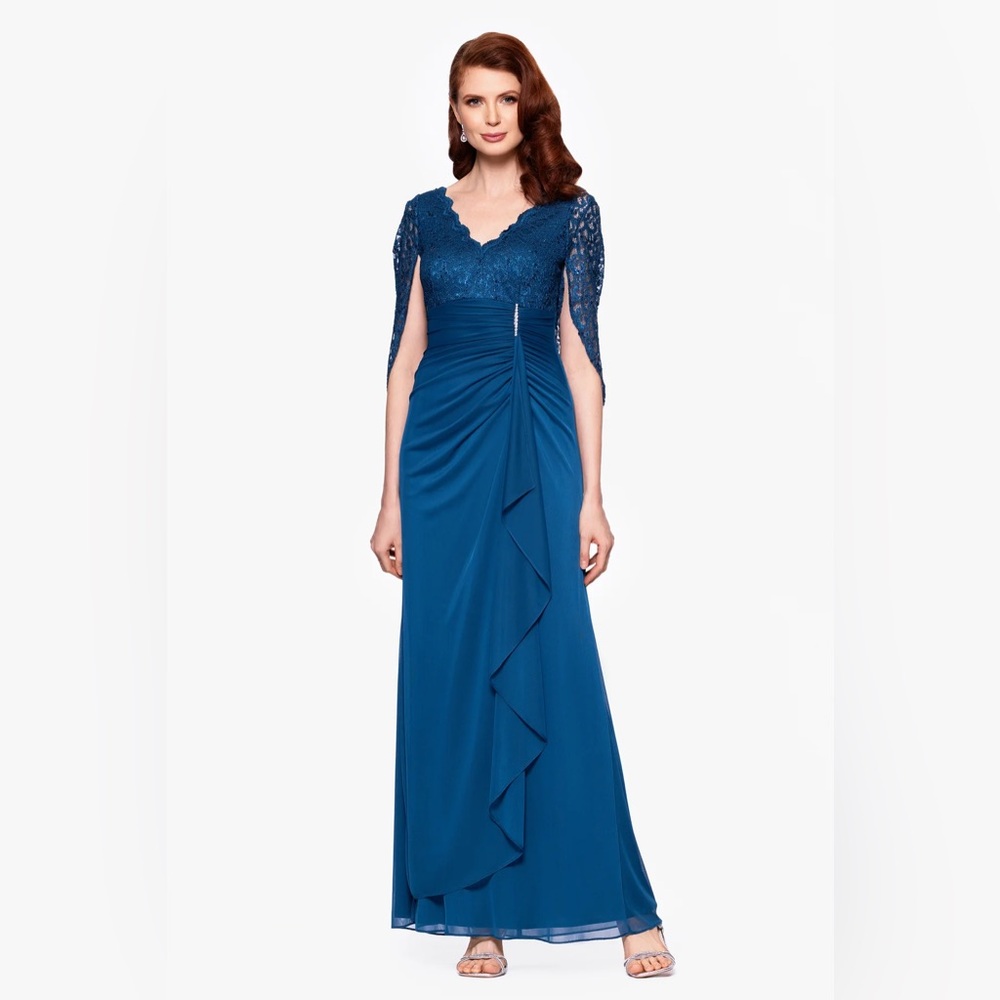 Betsy & Adam Teal Lace Cape Sleeve Ruched Chiffon Gown SZ 10 NWT Modest MOB GALA